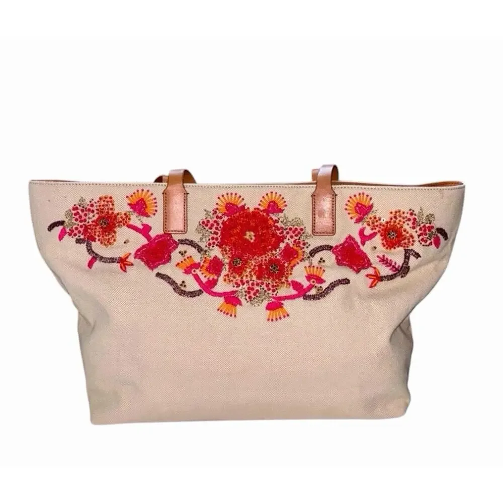 Tory Burch Rodeo Drive Ltd. Ed. Canvas Hand-Beaded Large Tote Bag Beach NWOT